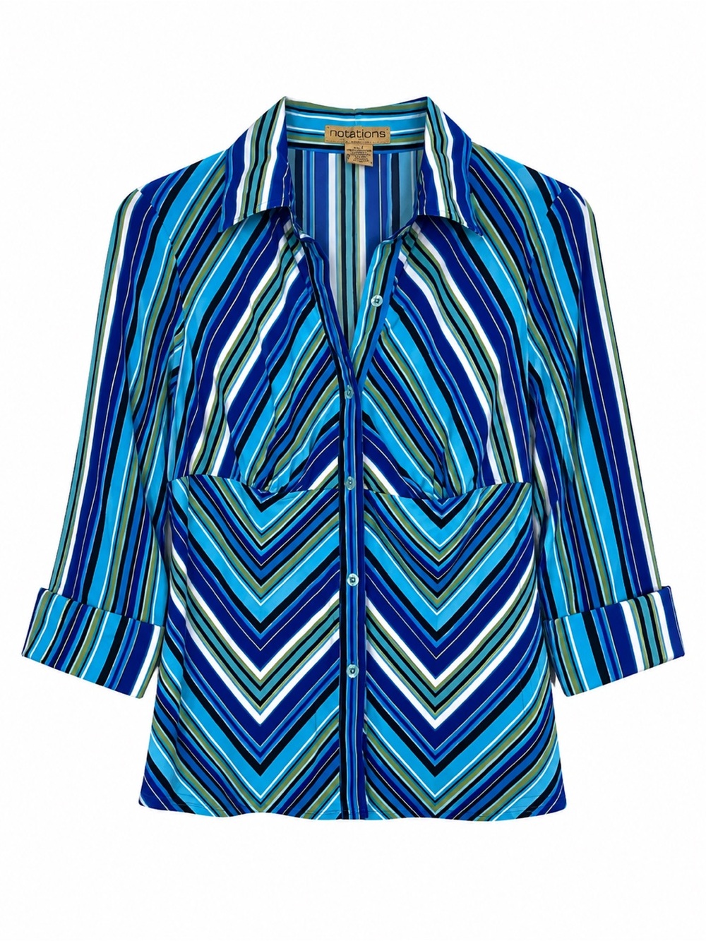 Notations Blue Green Striped Chevron Button Front Blouse Size S 3/4 Sleeve